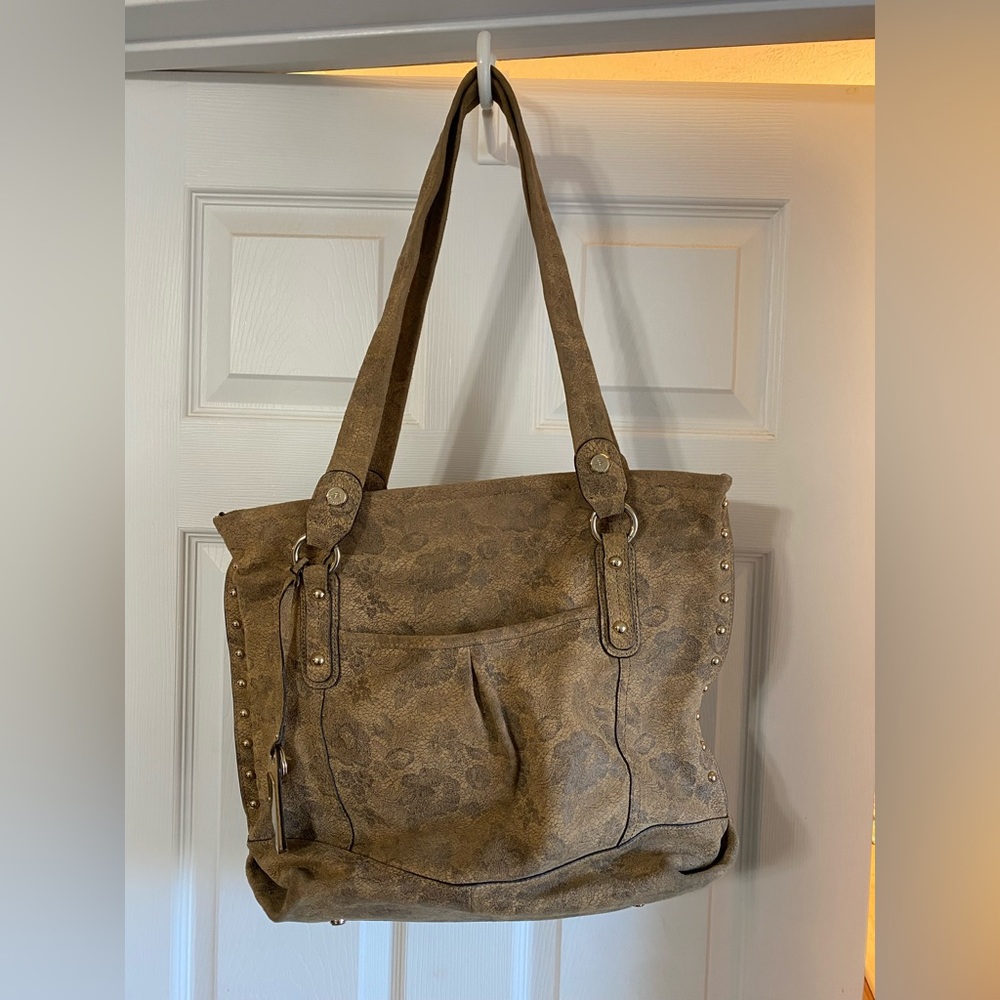 B Makowsky brown floral leather shoulder bag. Material feels like suede.